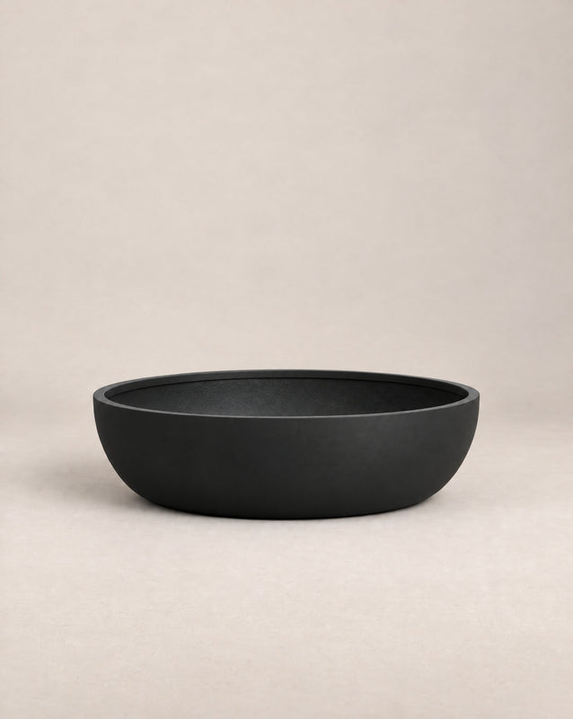 Barbota black outdoor planter with a wide, low bowl shape – alternate view
