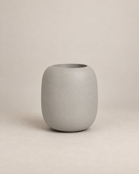 Durum Tall white outdoor planter with a rounded barrel shape and footed base – alternate view