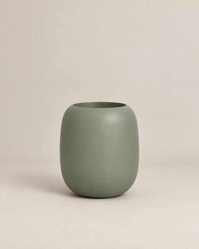 Durum Tall green outdoor planter with a rounded barrel shape and footed base – alternate view