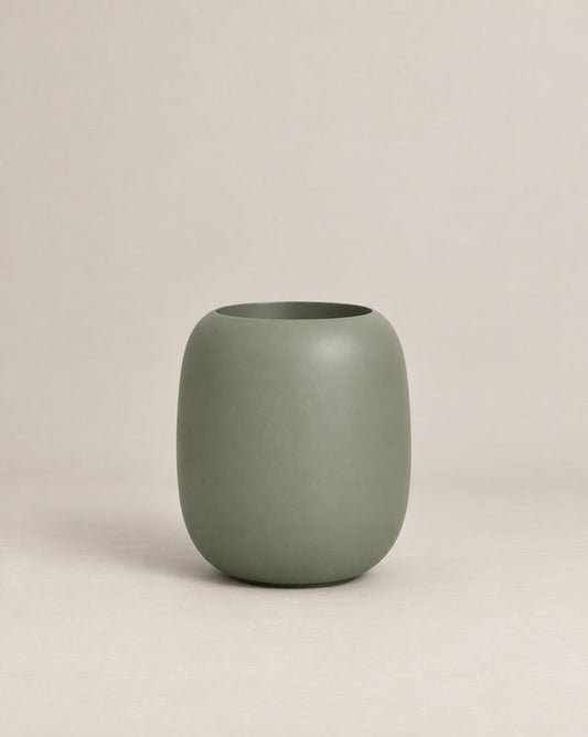Durum Tall green outdoor planter with a rounded barrel shape and footed base – alternate view