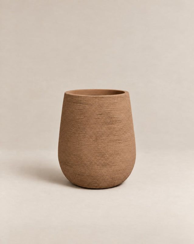 Gemma ribbed desert-finish outdoor planter with a tall, tapered egg shape – alternate view