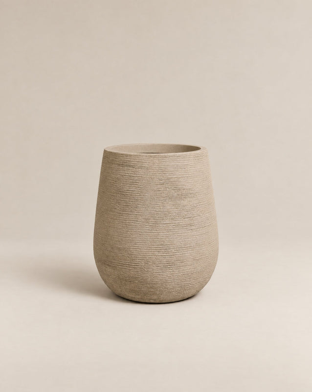 Gemma ribbed putty-finish outdoor planter with a tall, tapered egg shape – alternate view