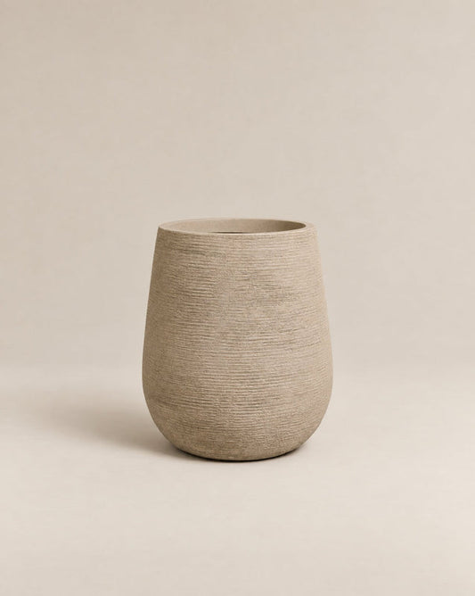Gemma ribbed putty-finish outdoor planter with a tall, tapered egg shape – alternate view