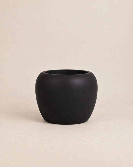 Korby Low black outdoor planter with a low, rounded barrel shape – alternate view