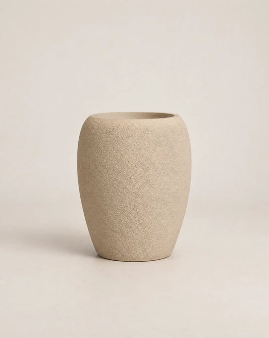 Korby Tall rough-textured putty-finish outdoor planter with a tall, tapered barrel shape - alternative view