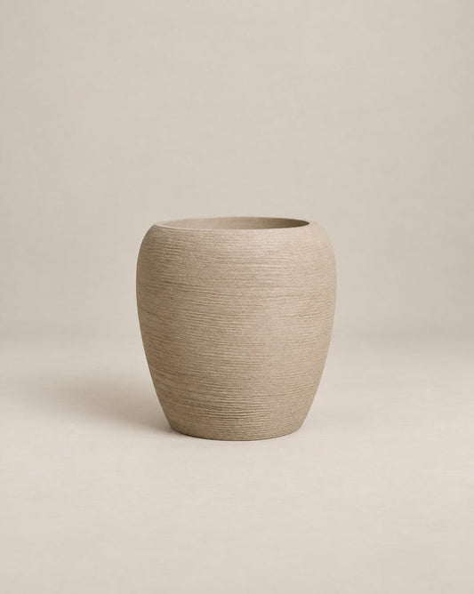 Korby Tall textured putty-finish outdoor planter with a tall, tapered barrel shape – alternate view